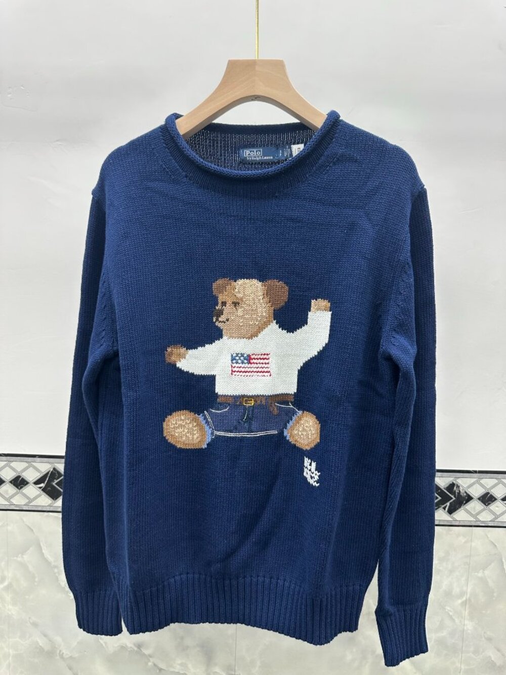 Polo Ralph Lauren Navy Roll Neck American Flag Sitting Polo Bear Knit Sweater